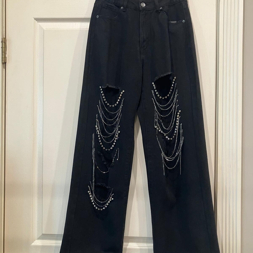 Black Distressed Wide-Leg Jeans with Chain Embellishments